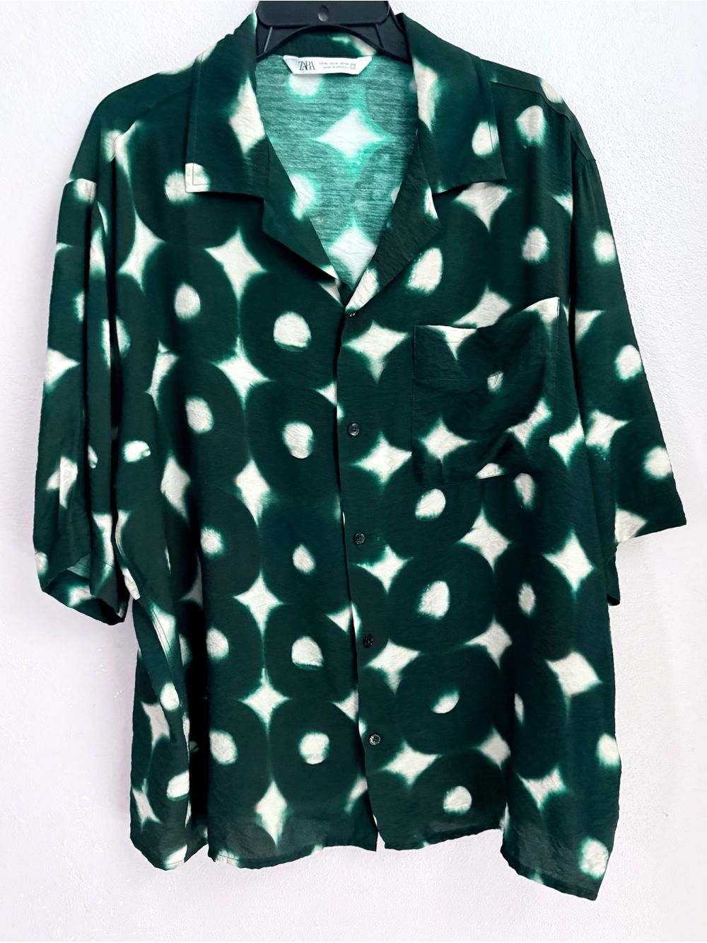 Zara Men Green Patterned Short-Sleeve Button-Up Shirt XL